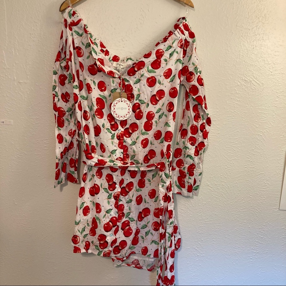 Umgee Cherry Print Off-Shoulder Belted Tunic L NWT